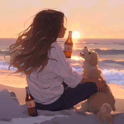 海边一人一狗一瓶酒男女背影情侣头像 AI绘画