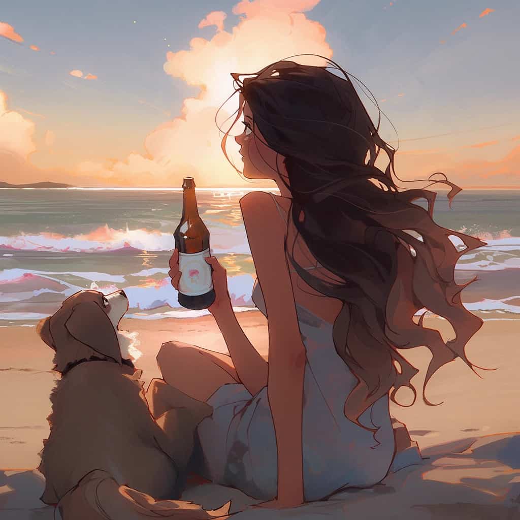 海边一人一狗一瓶酒男女背影情侣头像 AI绘画_5