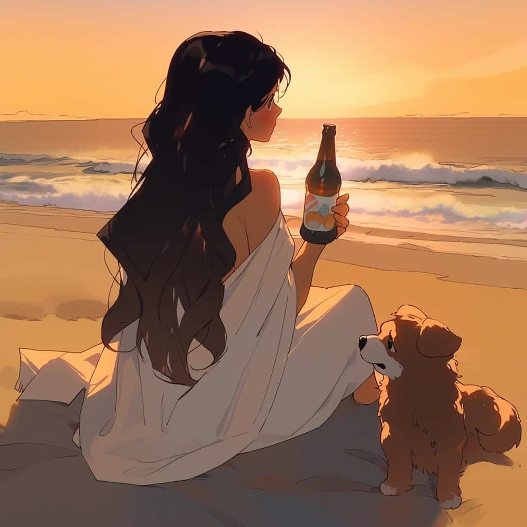 海边一人一狗一瓶酒男女背影情侣头像 AI绘画_6