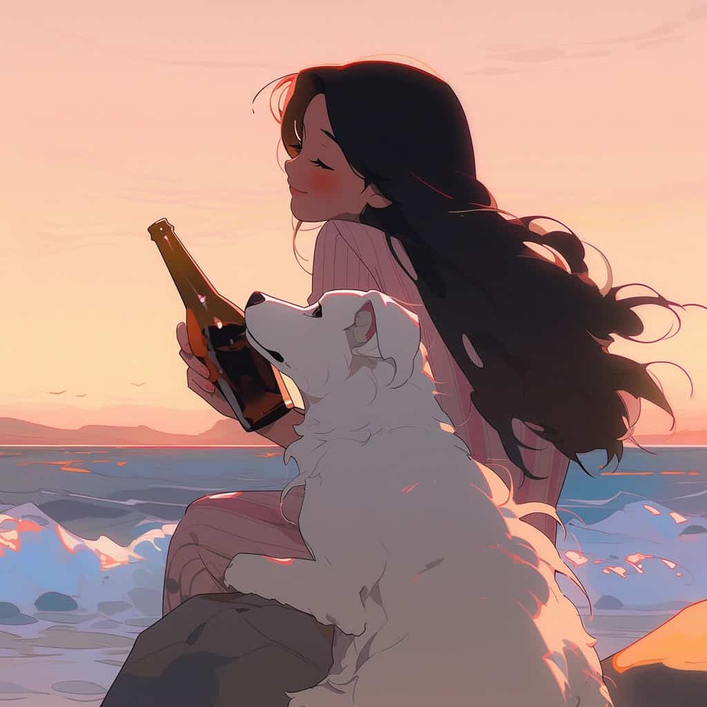 海边一人一狗一瓶酒男女背影情侣头像 AI绘画_7