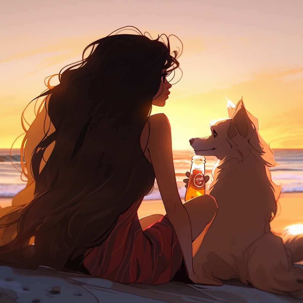 海边一人一狗一瓶酒男女背影情侣头像 AI绘画_8