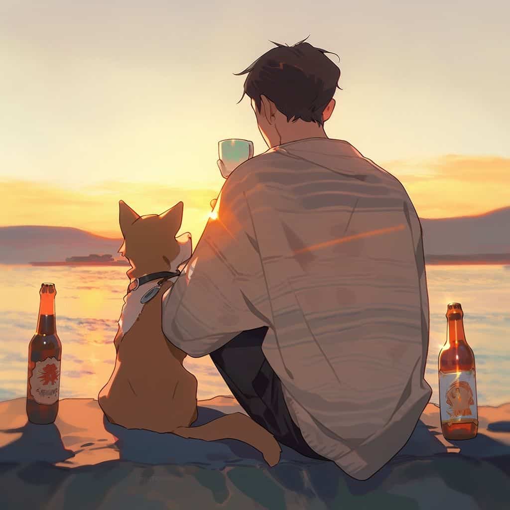 海边一人一狗一瓶酒男女背影情侣头像 AI绘画_11