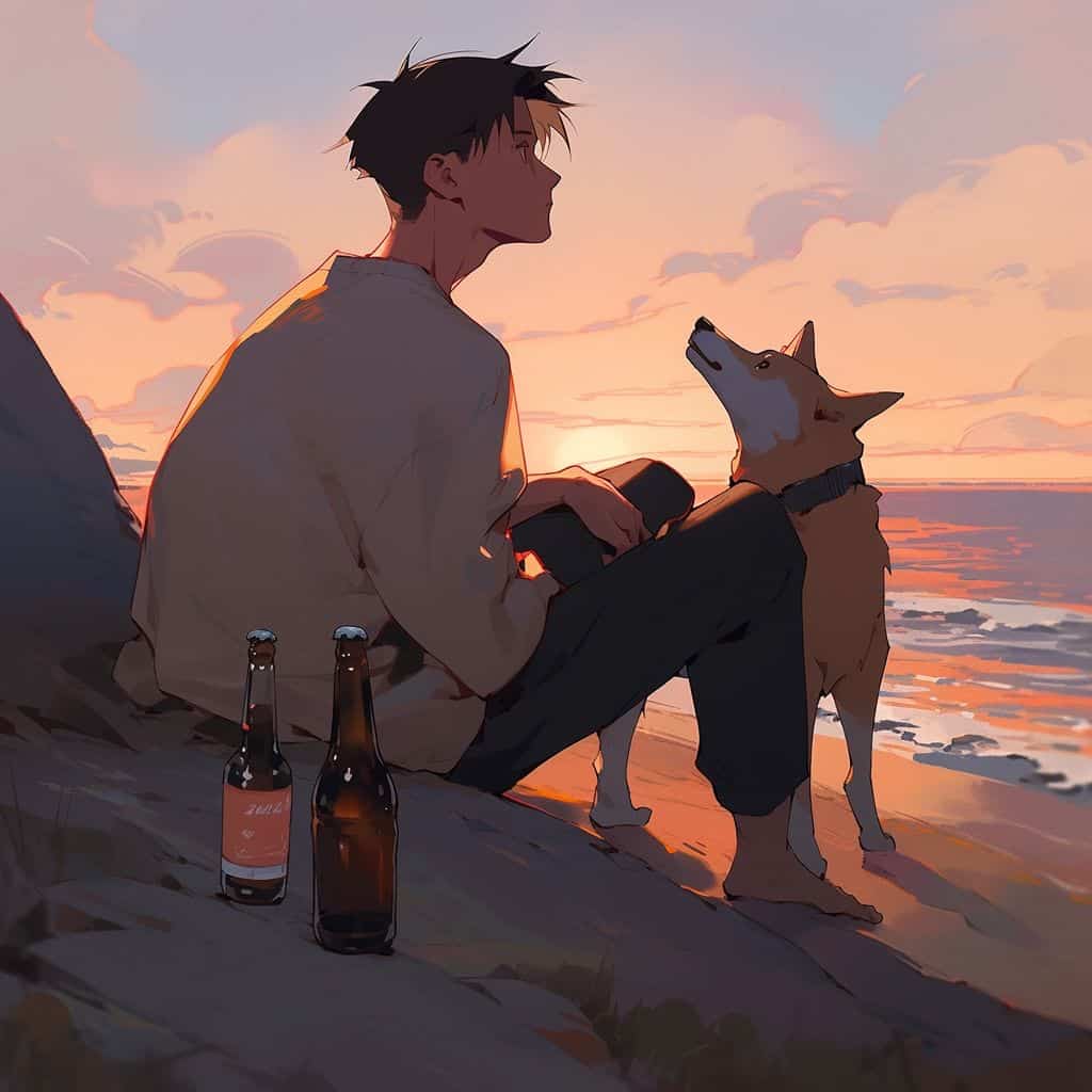 海边一人一狗一瓶酒男女背影情侣头像 AI绘画_12