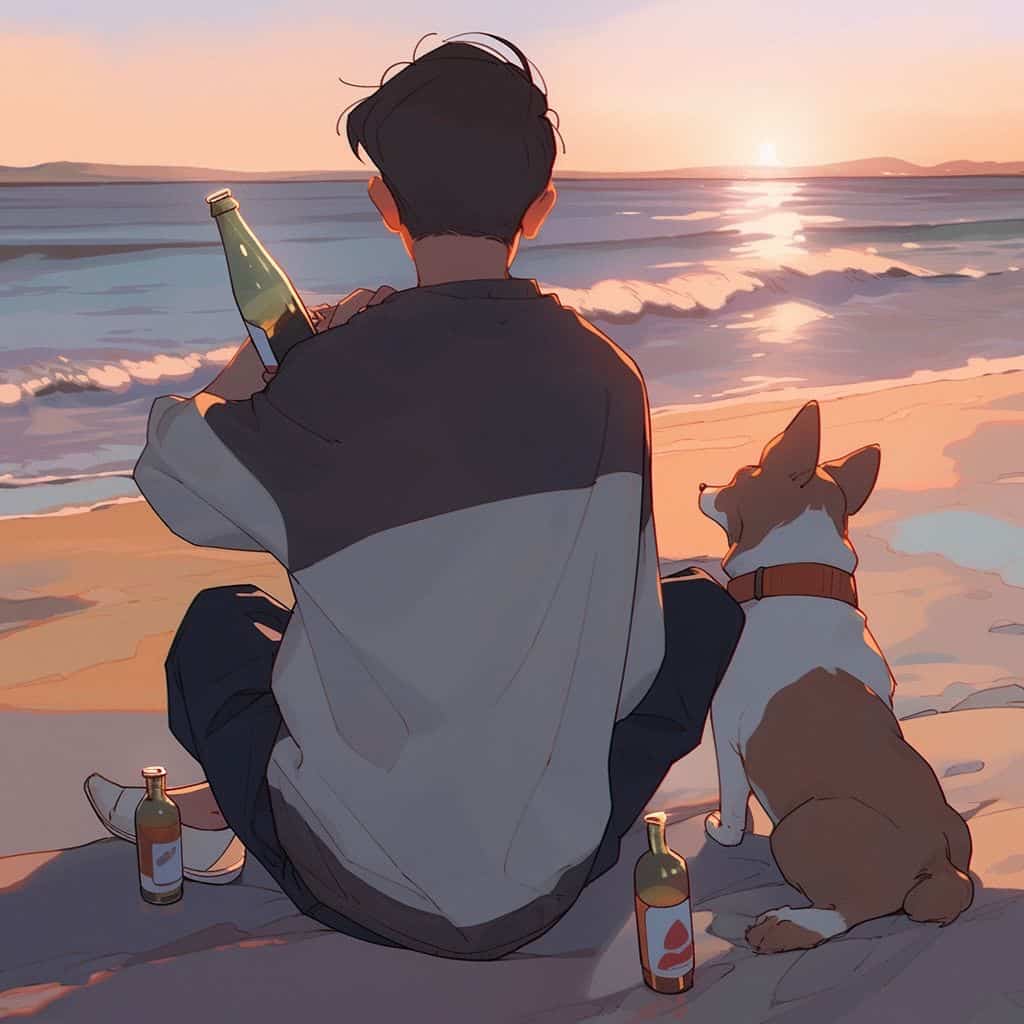 海边一人一狗一瓶酒男女背影情侣头像 AI绘画_13