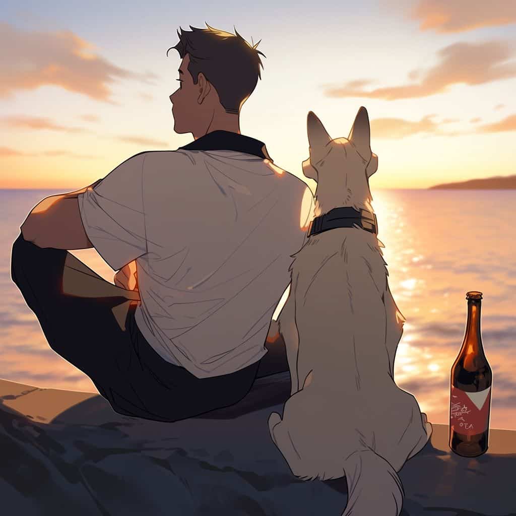 海边一人一狗一瓶酒男女背影情侣头像 AI绘画_16