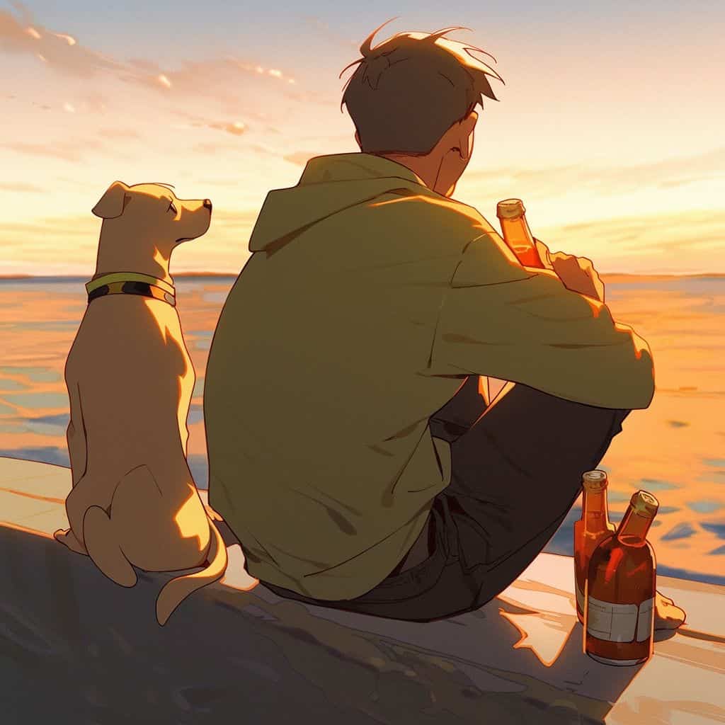 海边一人一狗一瓶酒男女背影情侣头像 AI绘画_17