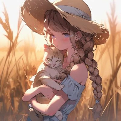 动漫麦田草帽女孩卡通头像 抱着猫的女孩AI绘画