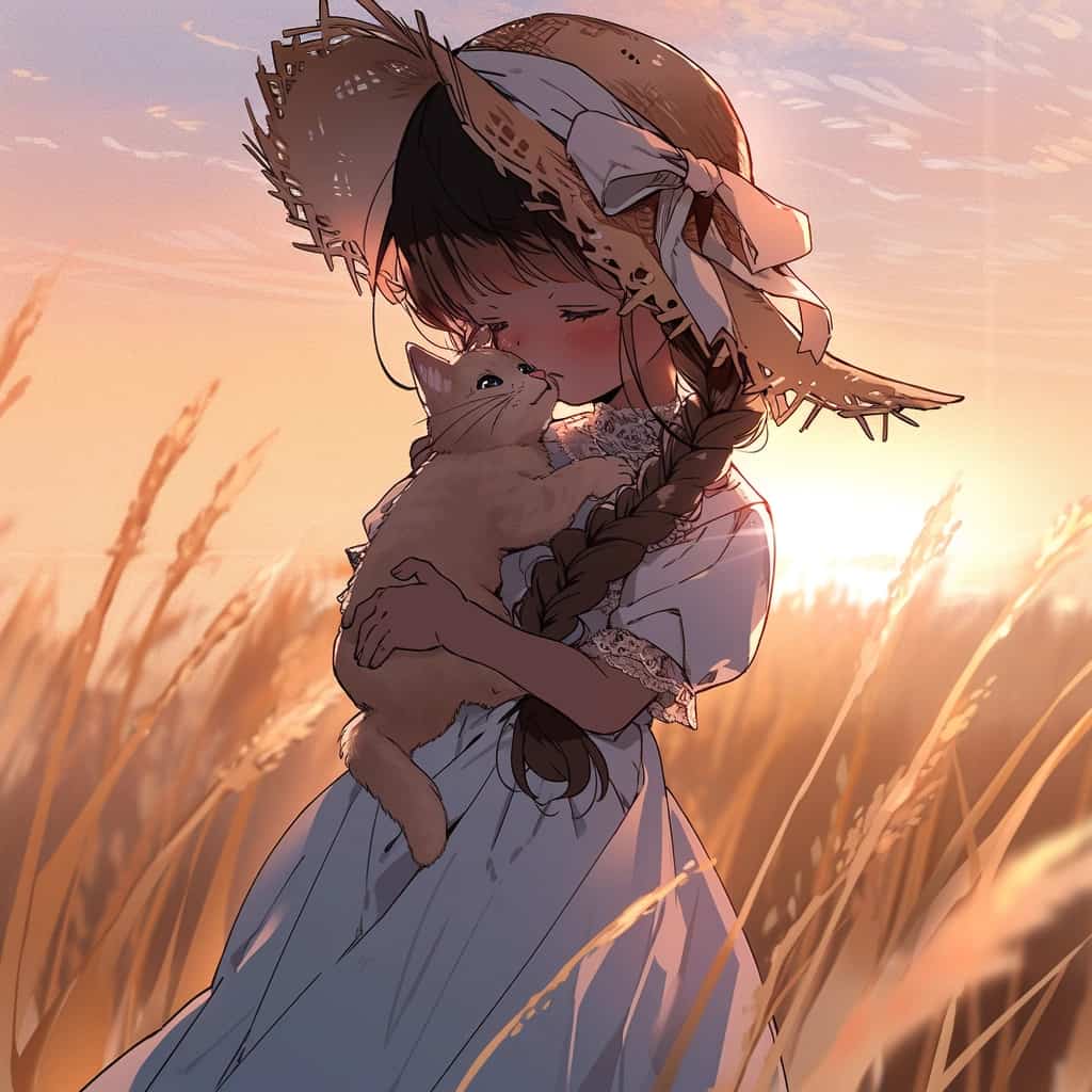 动漫麦田草帽女孩卡通头像 抱着猫的女孩AI绘画_2