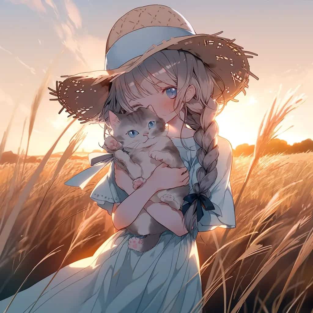 动漫麦田草帽女孩卡通头像 抱着猫的女孩AI绘画_3