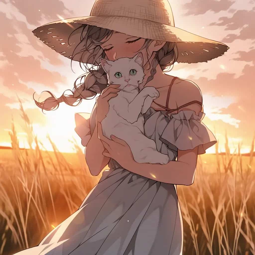 动漫麦田草帽女孩卡通头像 抱着猫的女孩AI绘画_6
