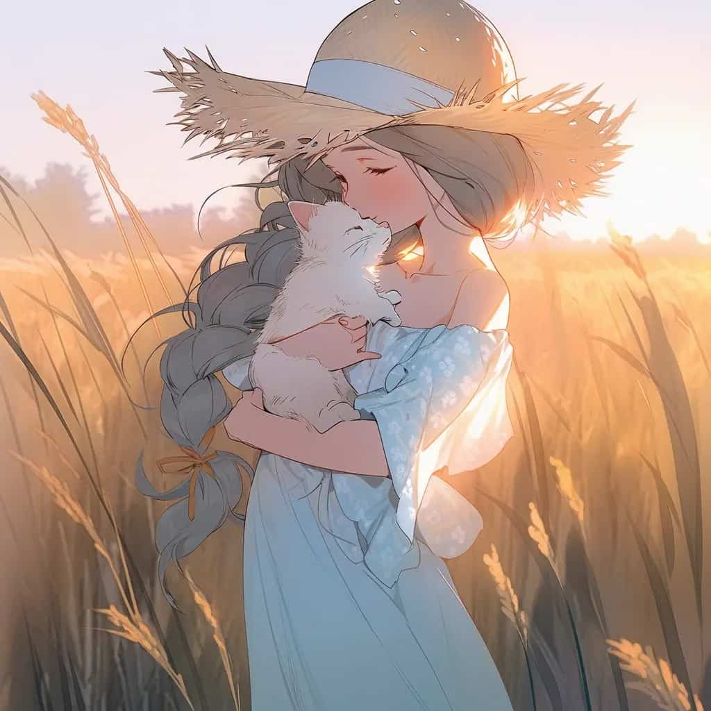 动漫麦田草帽女孩卡通头像 抱着猫的女孩AI绘画_7