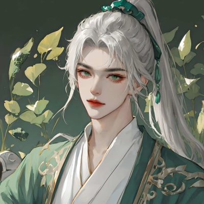 绿色系古风白色长发男生头像 仙气飘飘男头