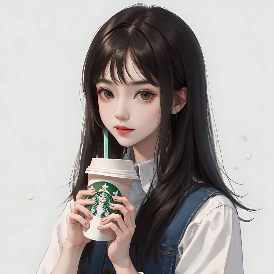 星巴克美女喝咖啡头像AI动漫卡通风_3