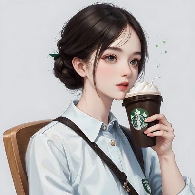 星巴克美女喝咖啡头像AI动漫卡通风