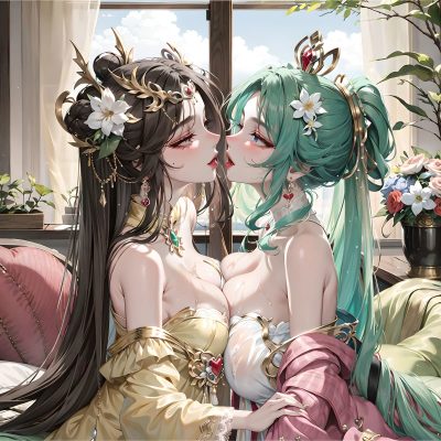 女生和女生亲吻搂搂抱抱头像 AI绘制拉拉头像情侣