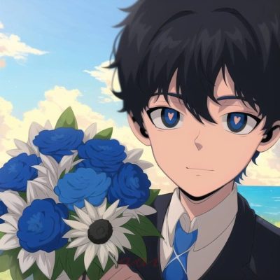 男孩子手捧花卡通二次元男生头像图片