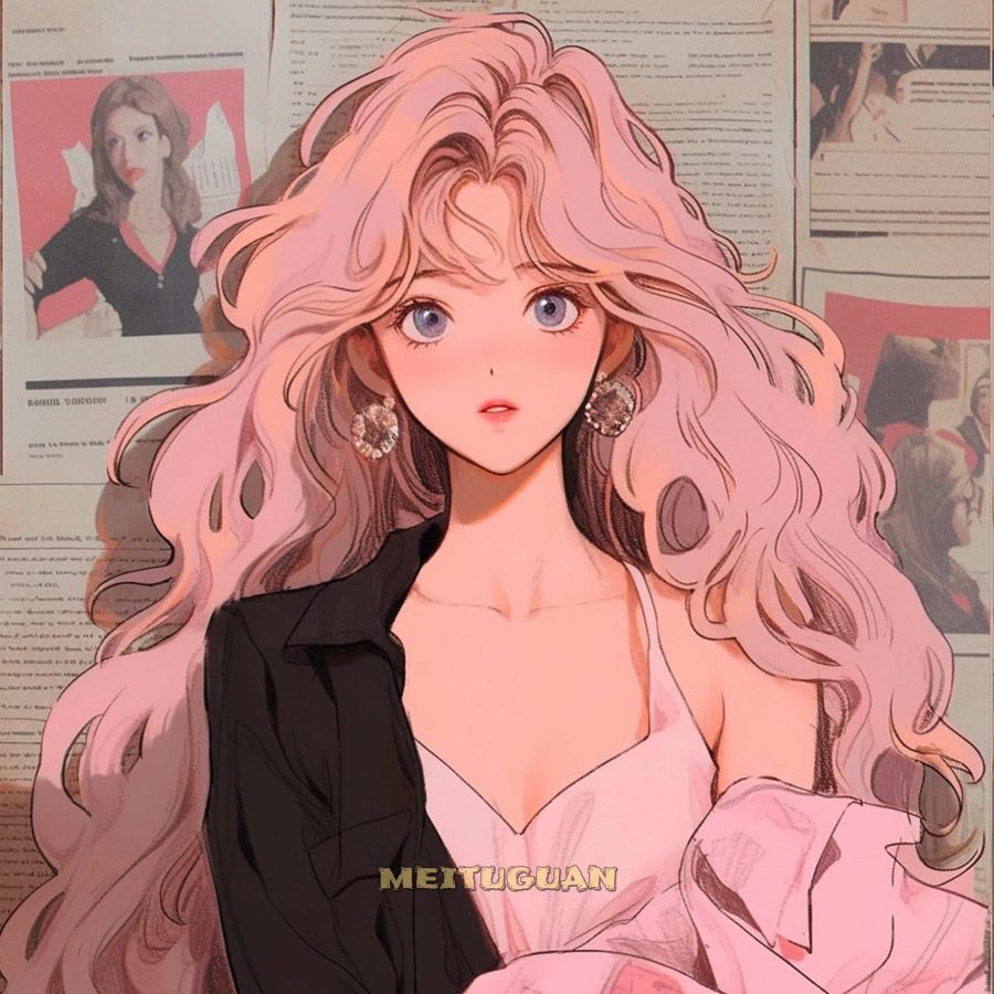 旧漫性感长卷发美女复古港风情侣头像 AI绘制粉色系一人一张情头_5