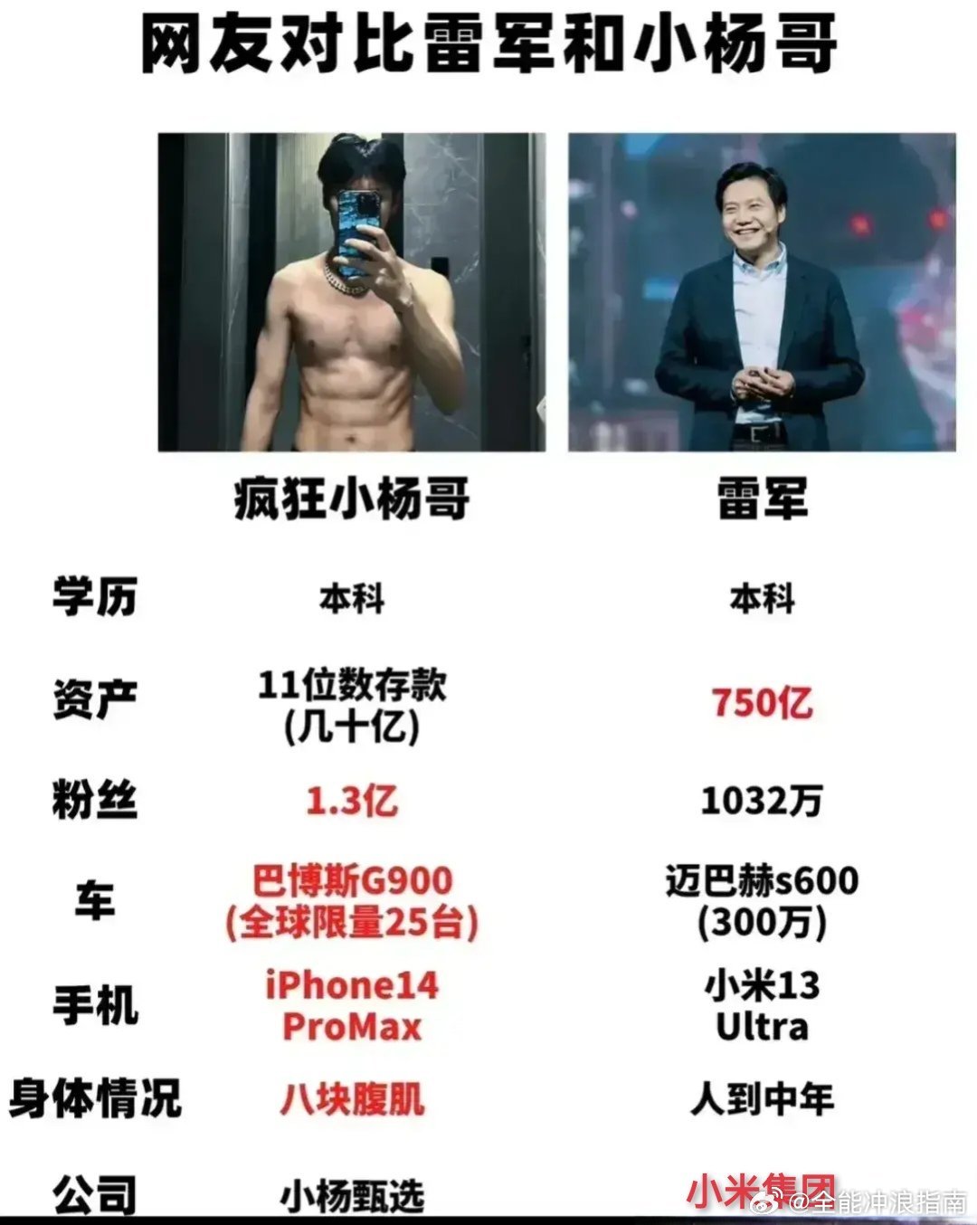 疯狂小杨哥和雷军对比图，差距到底有多大！_1