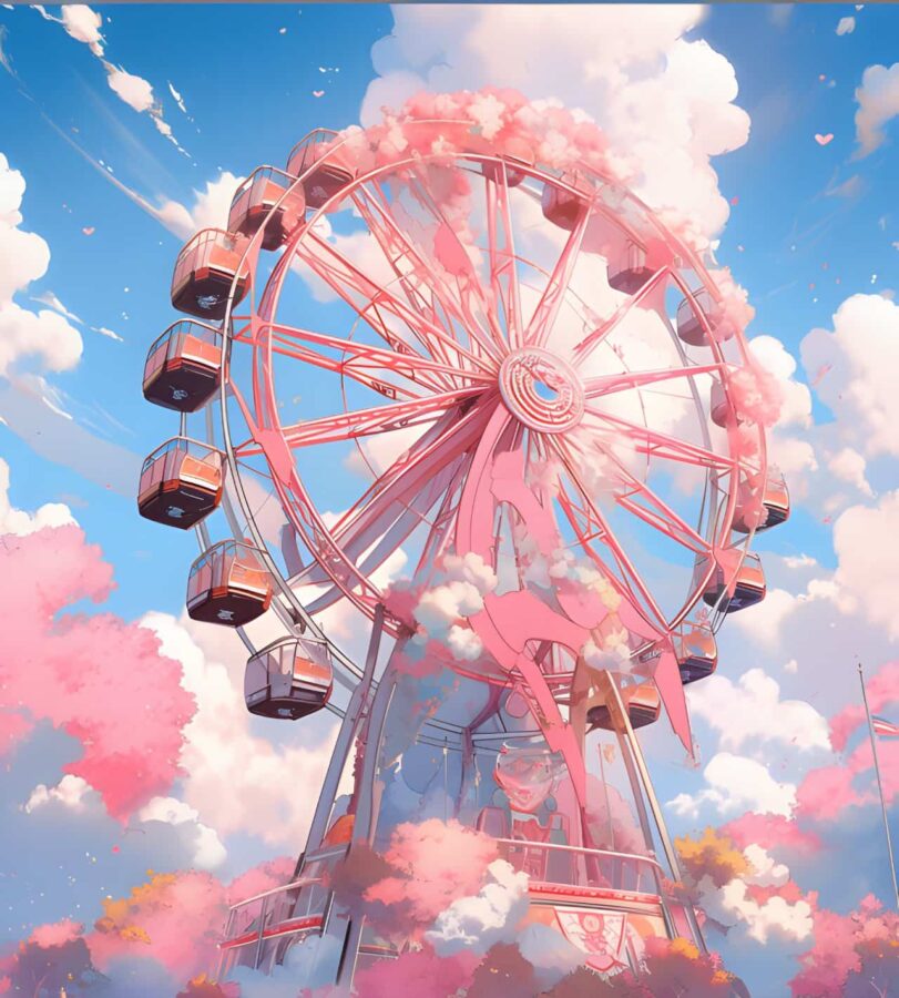 唯美浪漫摩天轮旧漫风微信头像 AI绘画蓝天白云彩虹摩天轮头像_11