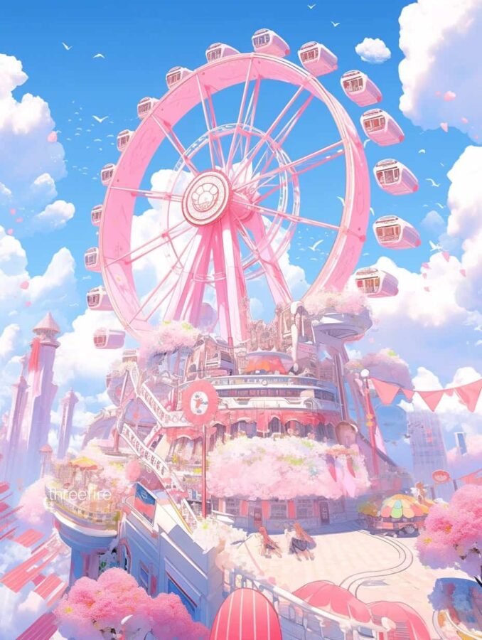 唯美浪漫摩天轮旧漫风微信头像 AI绘画蓝天白云彩虹摩天轮头像_15