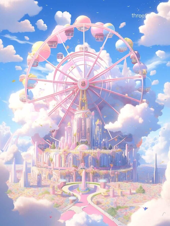 唯美浪漫摩天轮旧漫风微信头像 AI绘画蓝天白云彩虹摩天轮头像_16