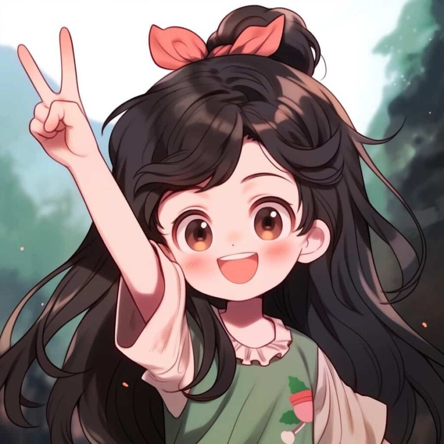 绿衣服女孩歪着头比耶的女生头像 AI绘画动漫女头_1