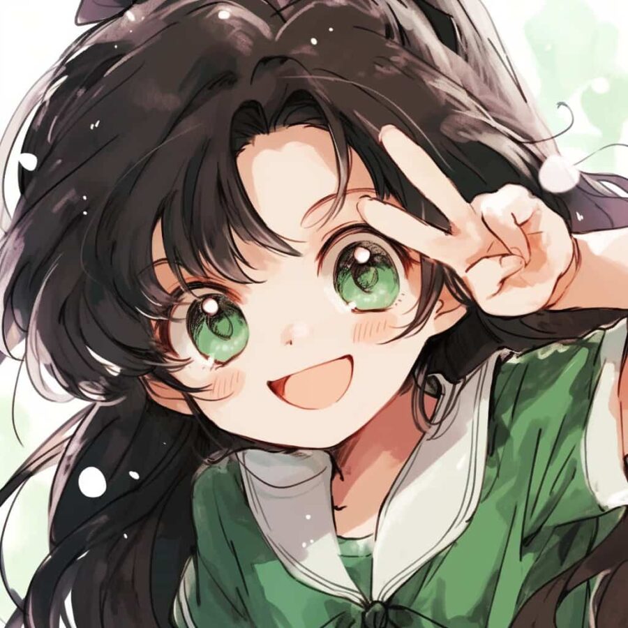 绿衣服女孩歪着头比耶的女生头像 AI绘画动漫女头_2