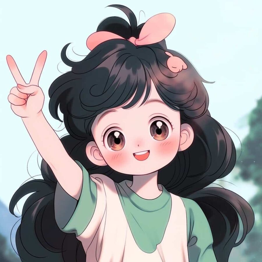绿衣服女孩歪着头比耶的女生头像 AI绘画动漫女头_3