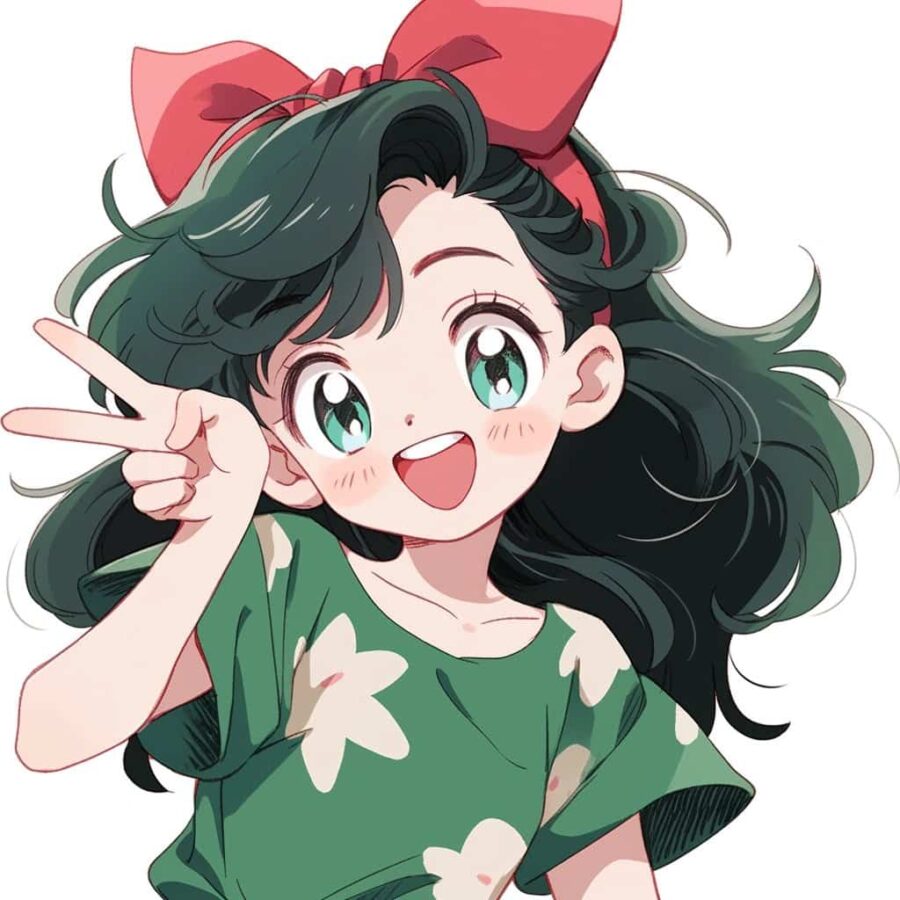 绿衣服女孩歪着头比耶的女生头像 AI绘画动漫女头_4