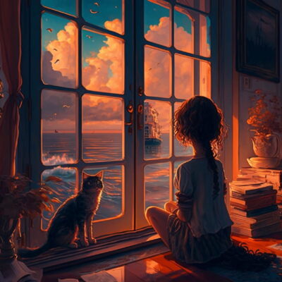 Ai绘画女孩背影和猫咪看大海和日落的女生头像