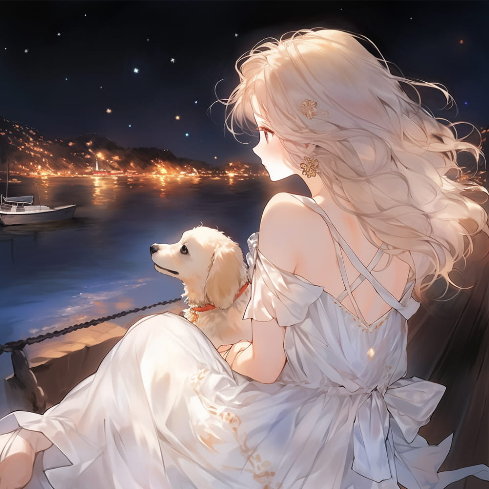Ai女孩和狗傍晚海边看海和星空，背影侧脸海边女生头像_1