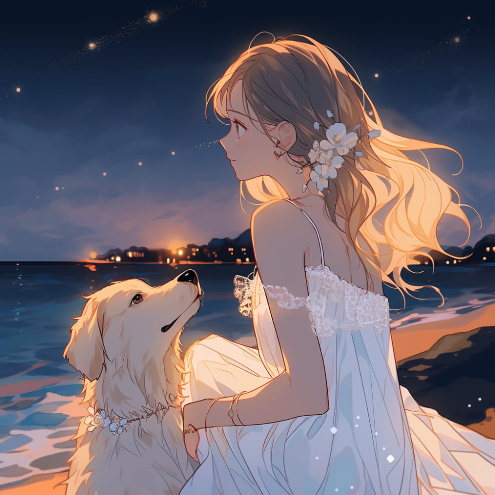 Ai女孩和狗傍晚海边看海和星空，背影侧脸海边女生头像_3