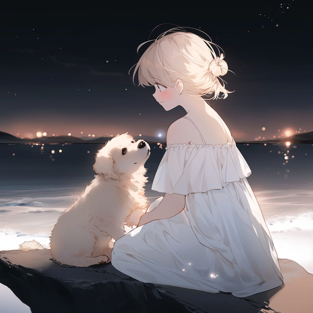 Ai女孩和狗傍晚海边看海和星空，背影侧脸海边女生头像_4