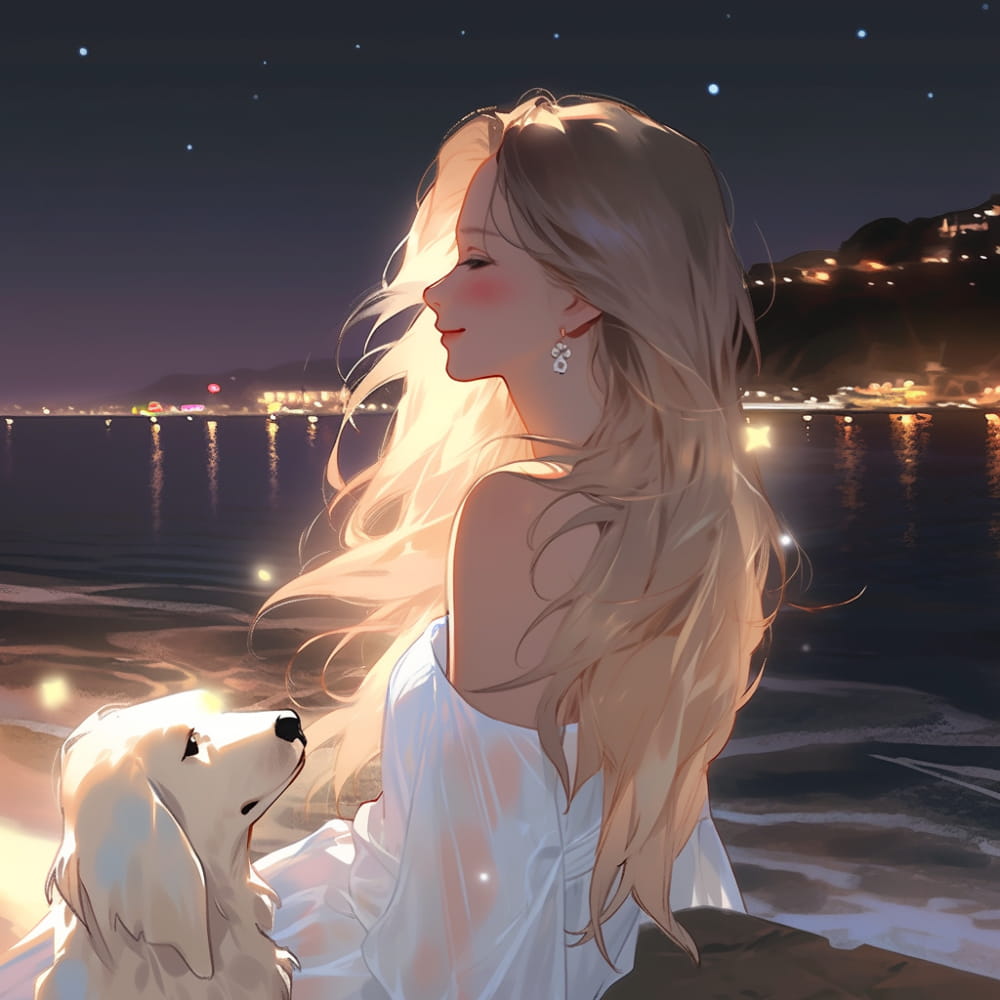 Ai女孩和狗傍晚海边看海和星空，背影侧脸海边女生头像_6