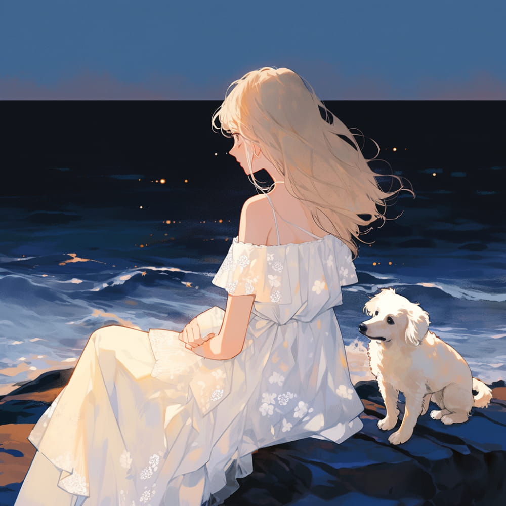 Ai女孩和狗傍晚海边看海和星空，背影侧脸海边女生头像_7