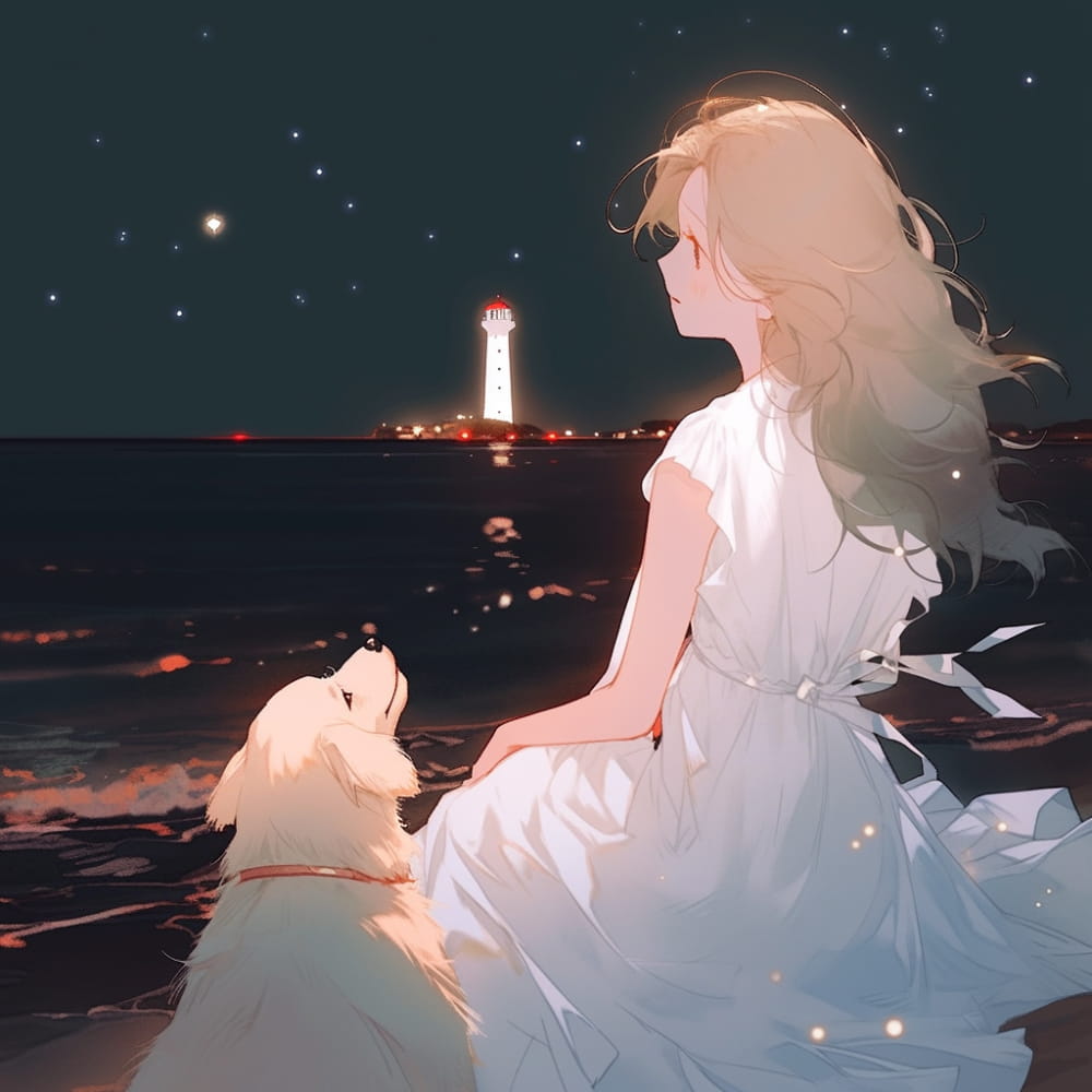 Ai女孩和狗傍晚海边看海和星空，背影侧脸海边女生头像_8