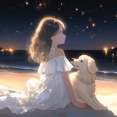 Ai女孩和狗傍晚海边看海和星空，背影侧脸海边女生头像