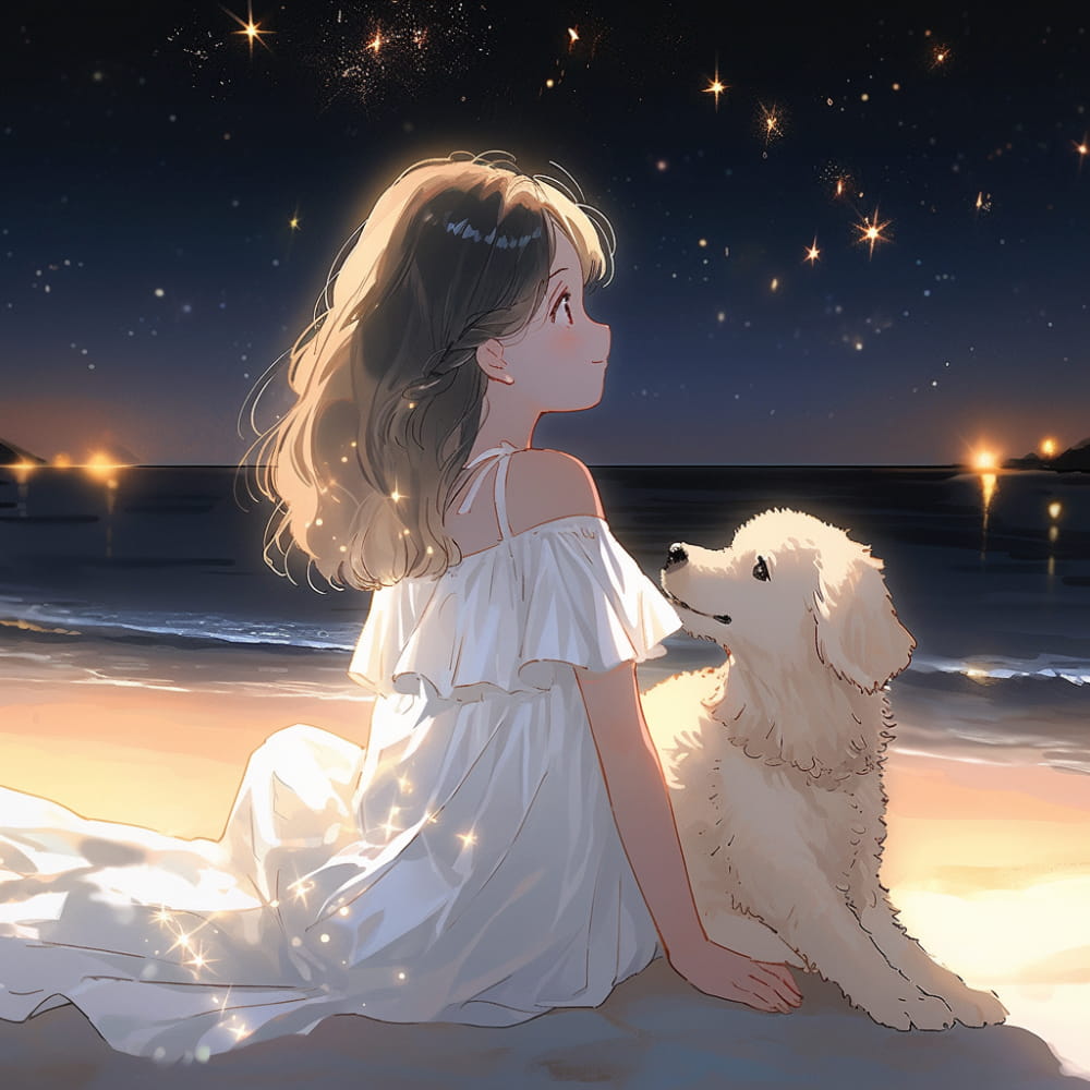 Ai女孩和狗傍晚海边看海和星空，背影侧脸海边女生头像_9