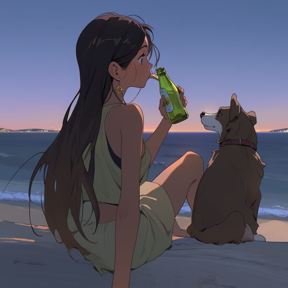 傍晚女孩喝着酒和狗狗看海和星空女生侧脸Ai头像_9