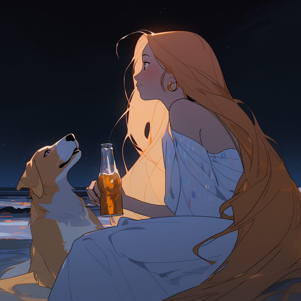 傍晚女孩喝着酒和狗狗看海和星空女生侧脸Ai头像_10