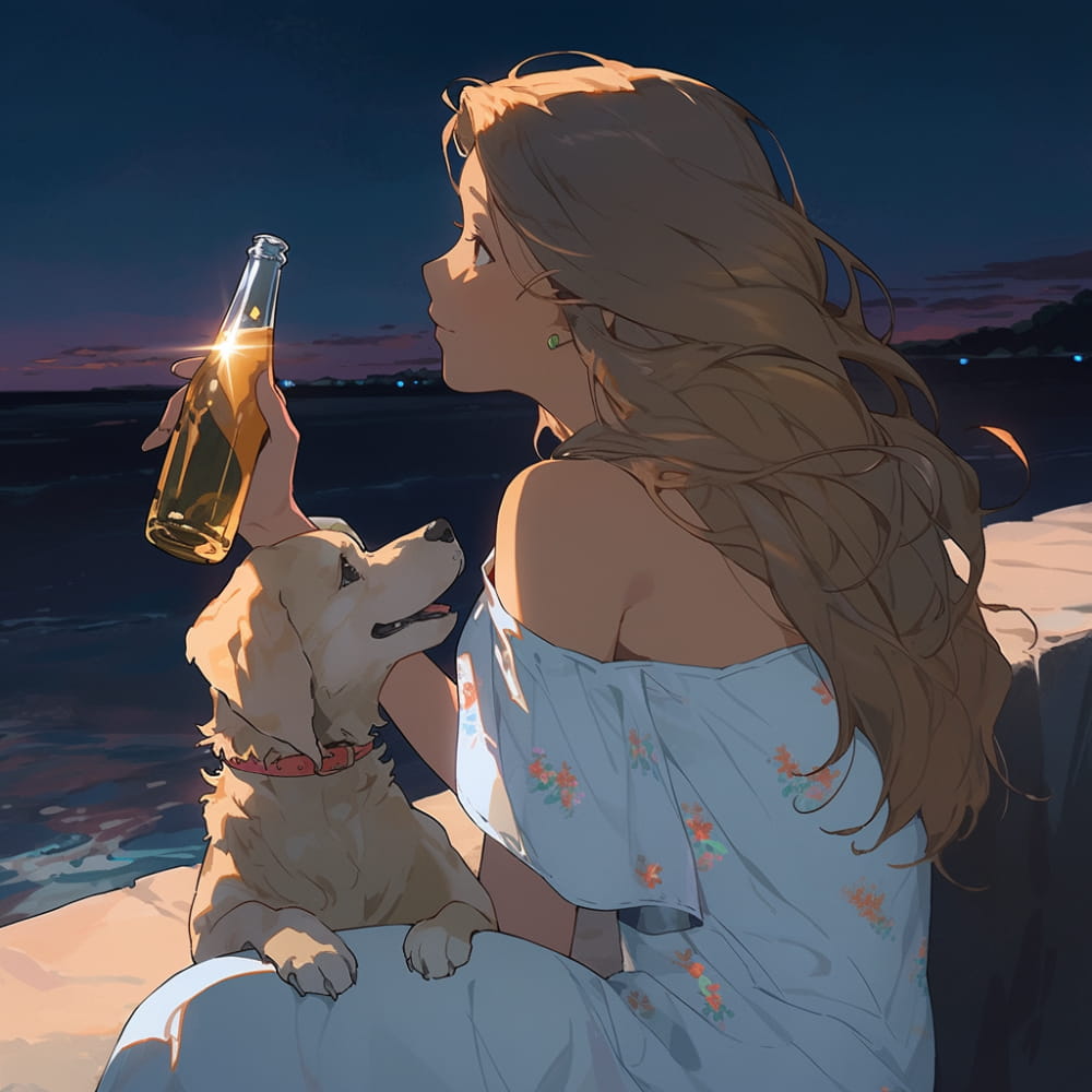 傍晚女孩喝着酒和狗狗看海和星空女生侧脸Ai头像_11