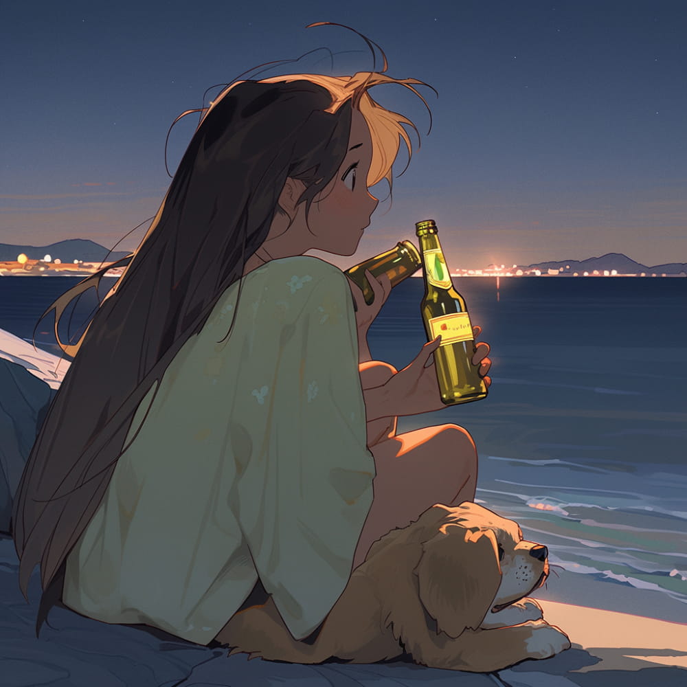傍晚女孩喝着酒和狗狗看海和星空女生侧脸Ai头像_12