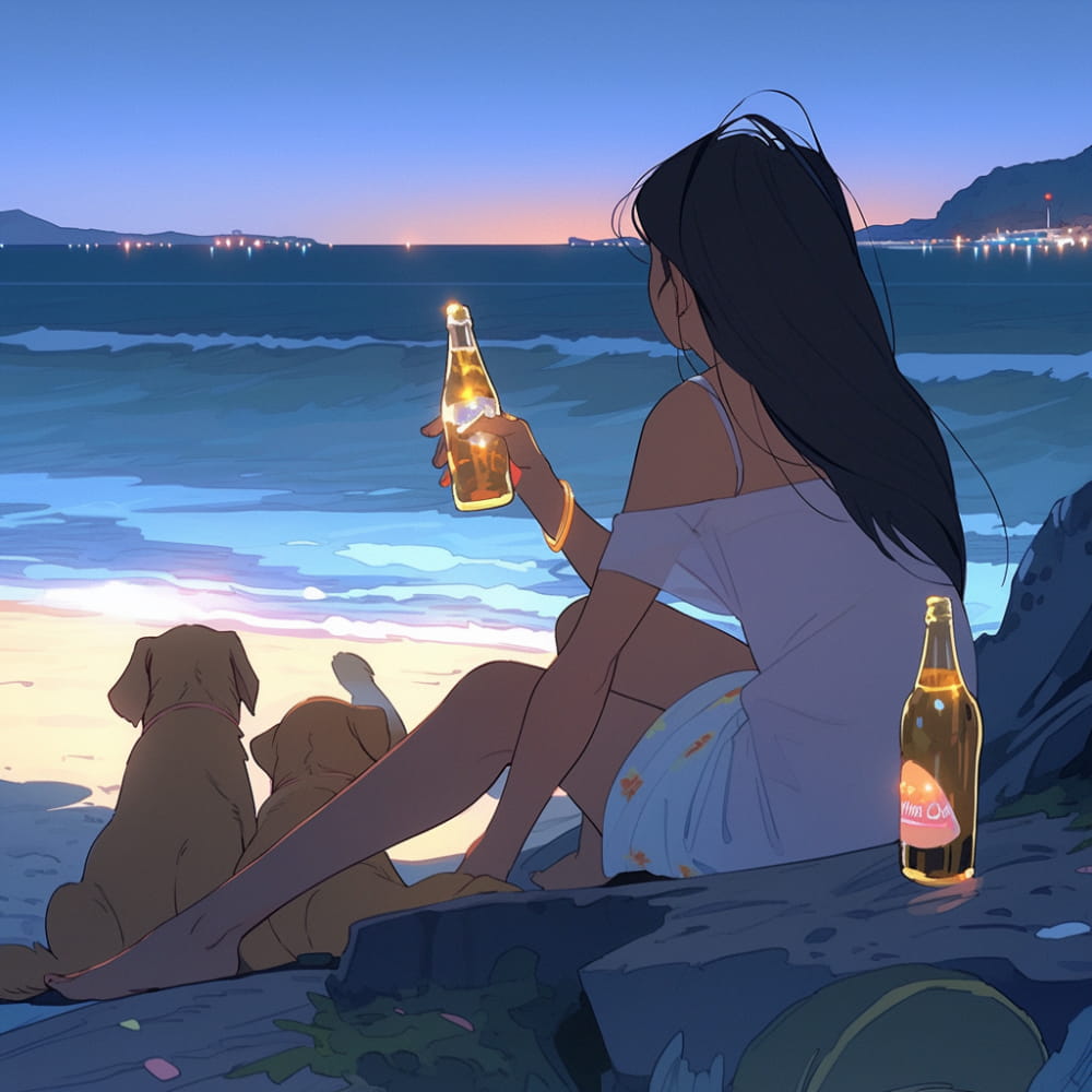 傍晚女孩喝着酒和狗狗看海和星空女生侧脸Ai头像_13