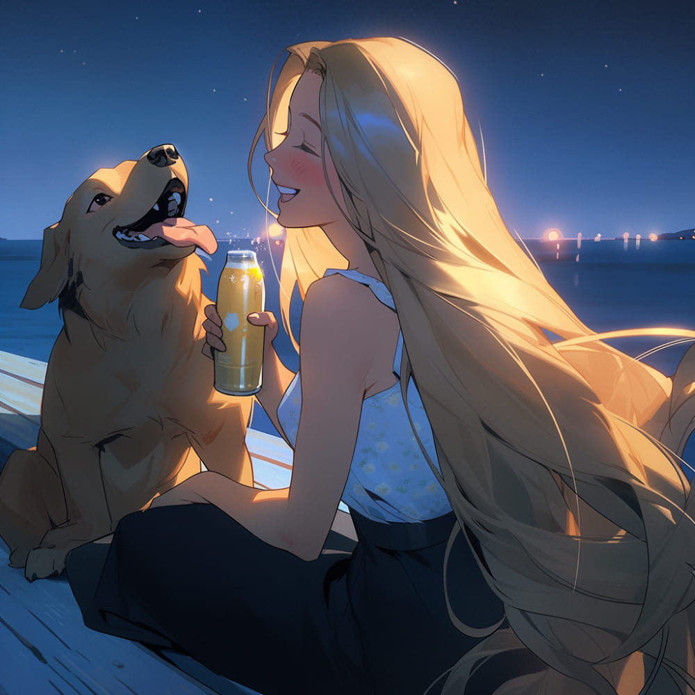 傍晚女孩喝着酒和狗狗看海和星空女生侧脸Ai头像_14
