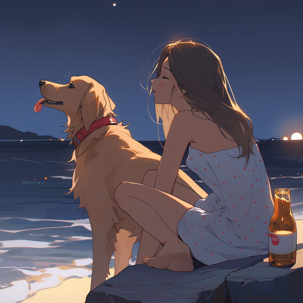 傍晚女孩喝着酒和狗狗看海和星空女生侧脸Ai头像_15