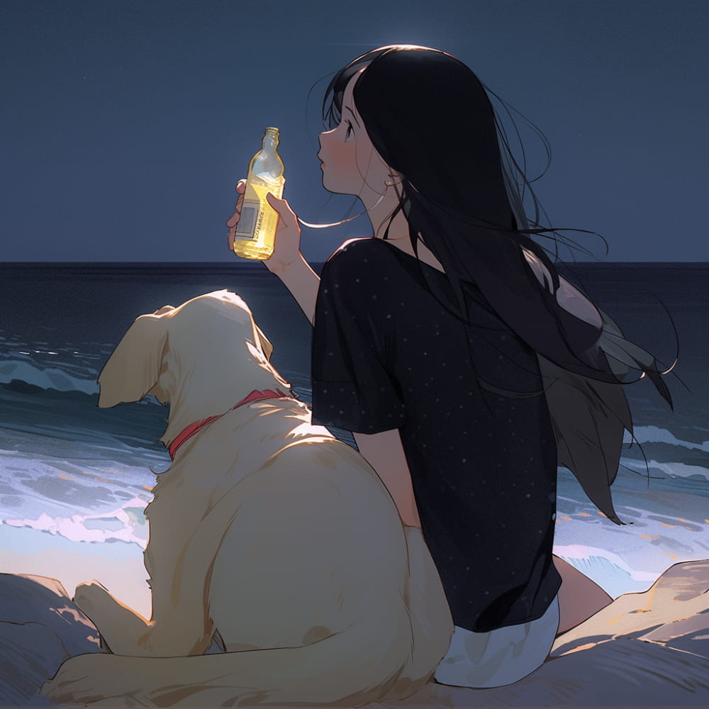 傍晚女孩喝着酒和狗狗看海和星空女生侧脸Ai头像_16