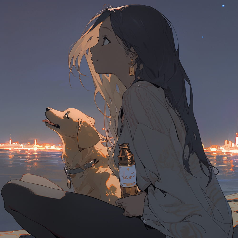 傍晚女孩喝着酒和狗狗看海和星空女生侧脸Ai头像_17