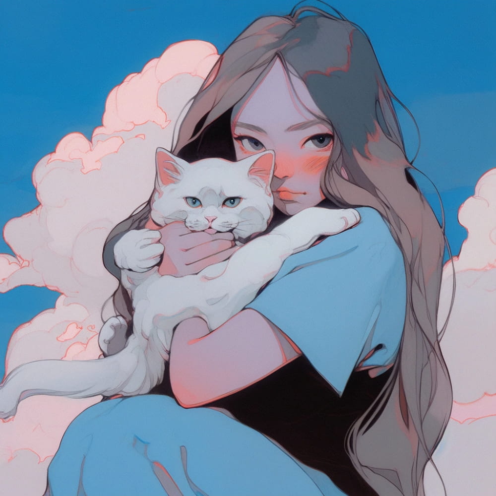 女孩抱着猫咪头顶蓝天白云治愈系女生Ai头像_1