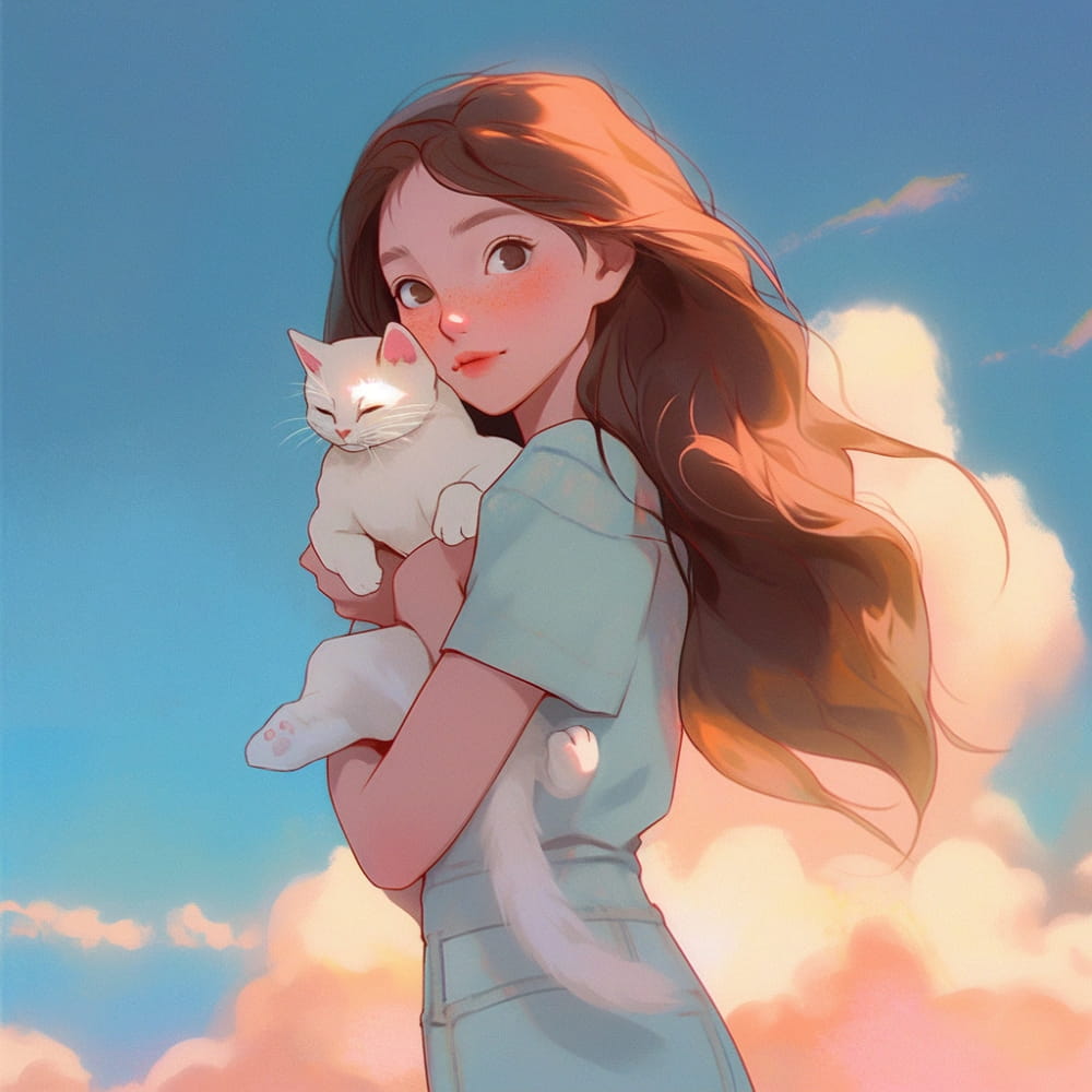 女孩抱着猫咪头顶蓝天白云治愈系女生Ai头像_2