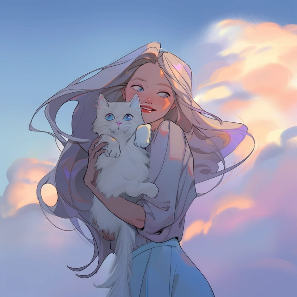 女孩抱着猫咪头顶蓝天白云治愈系女生Ai头像_3